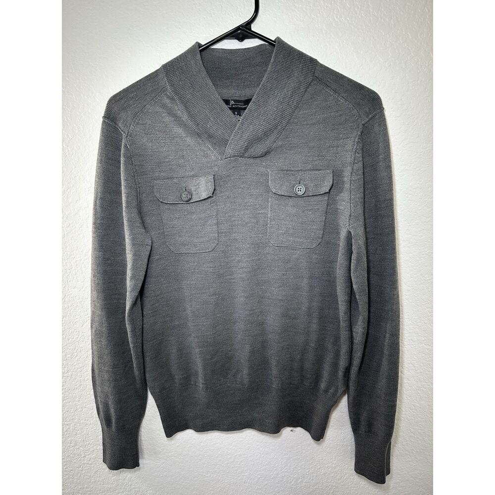 Marc Anthony Merino Wool Blend Sweater V Neck Flap Pockets Gray Lightweight S